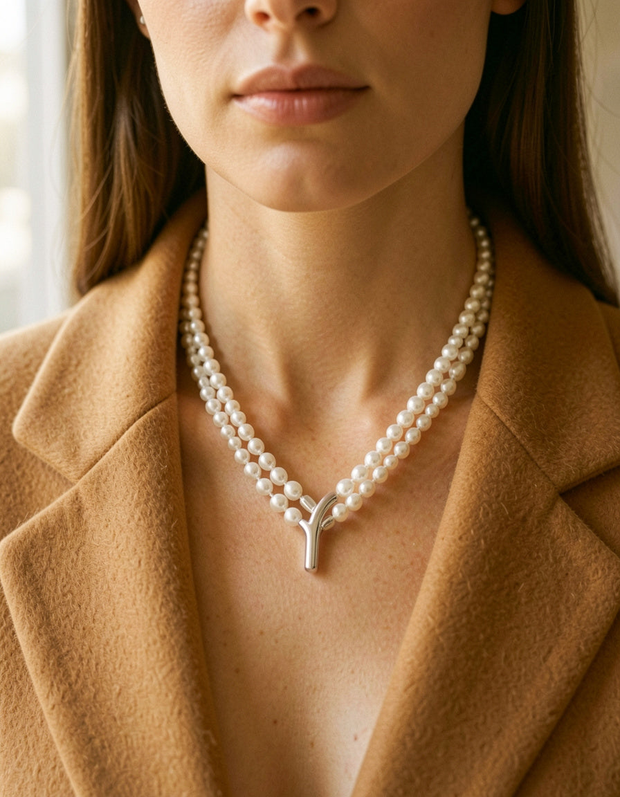 Double Layered Pearl Y-Shaped Necklace - close-up worn with camel blazer