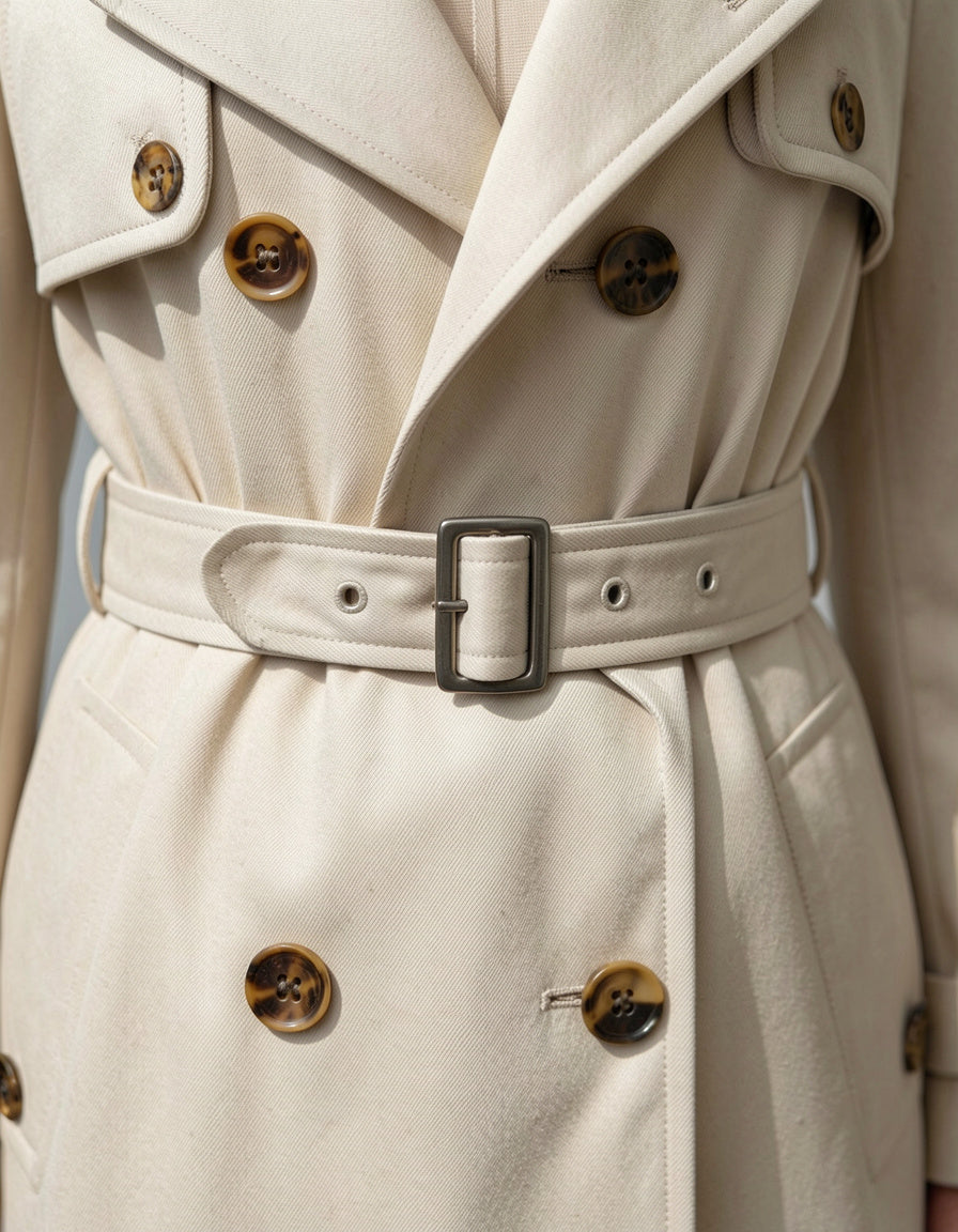 Belted trench coat buckle and button detail