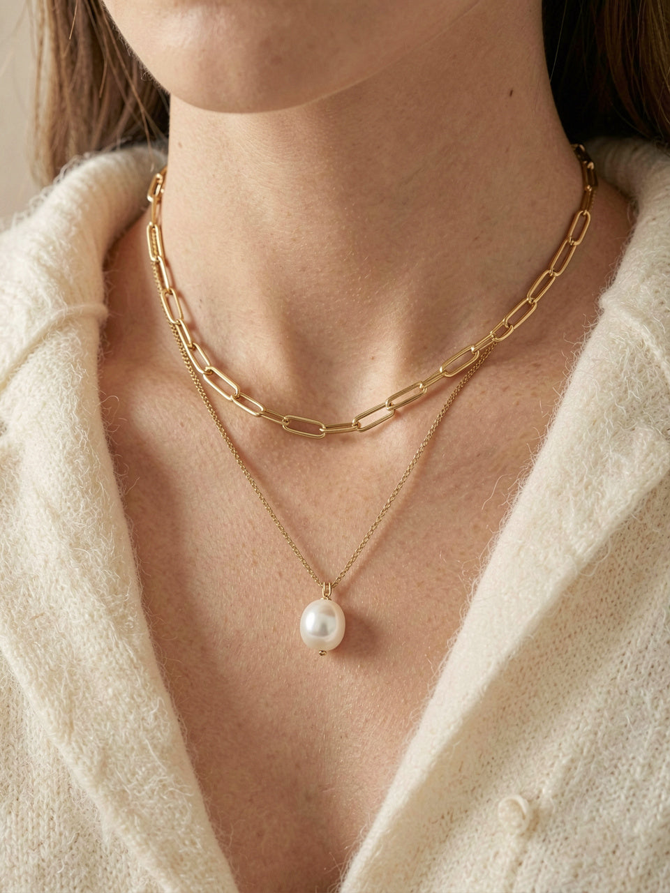 Freshwater Pearl Titanium Steel Double-Layered Necklace, gold, close-up
