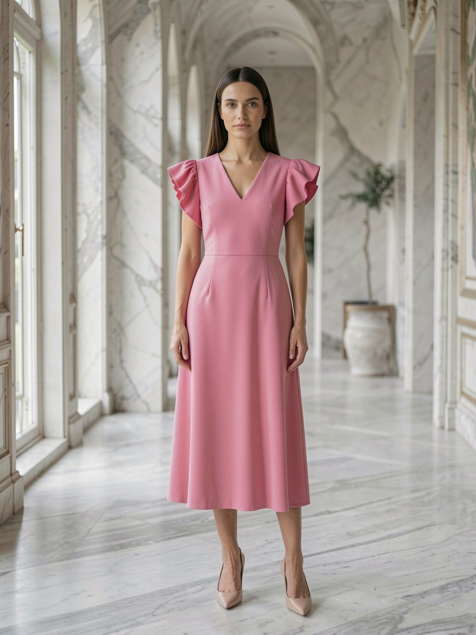 Pink V-neck flutter sleeve midi dress worn by model in marble old-money hallway