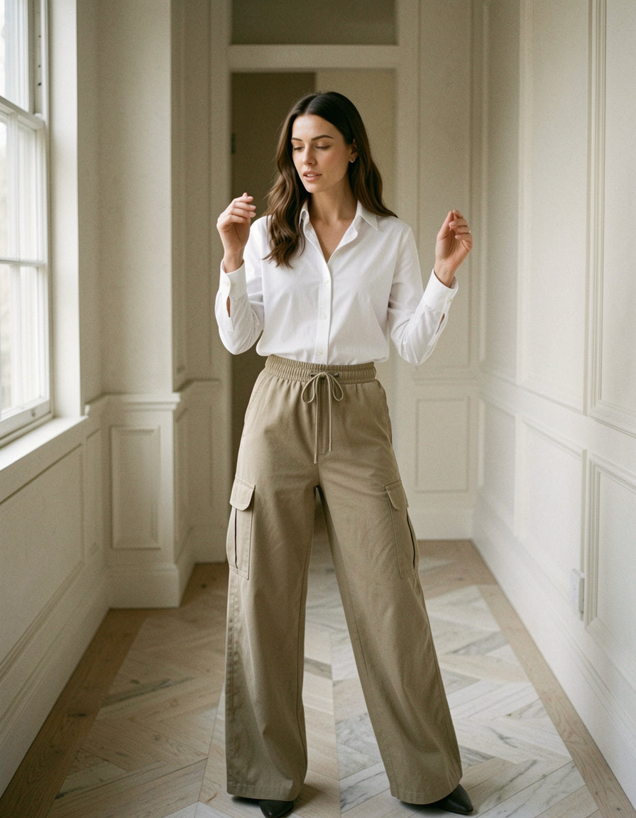 Drawstring Frilled Waist Wide Leg Utility Trousers