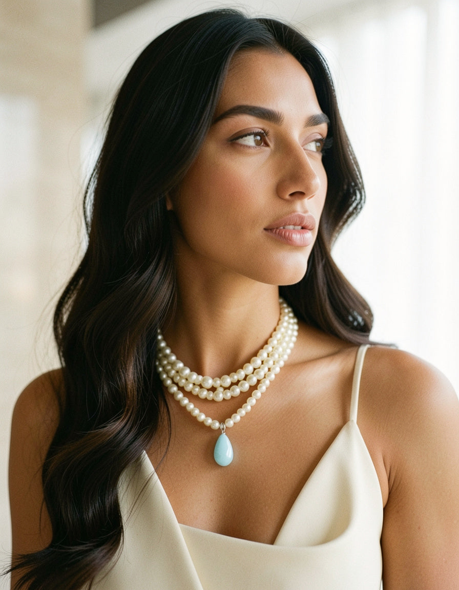 Double Layered Pearl Necklace with Teardrop Pendant