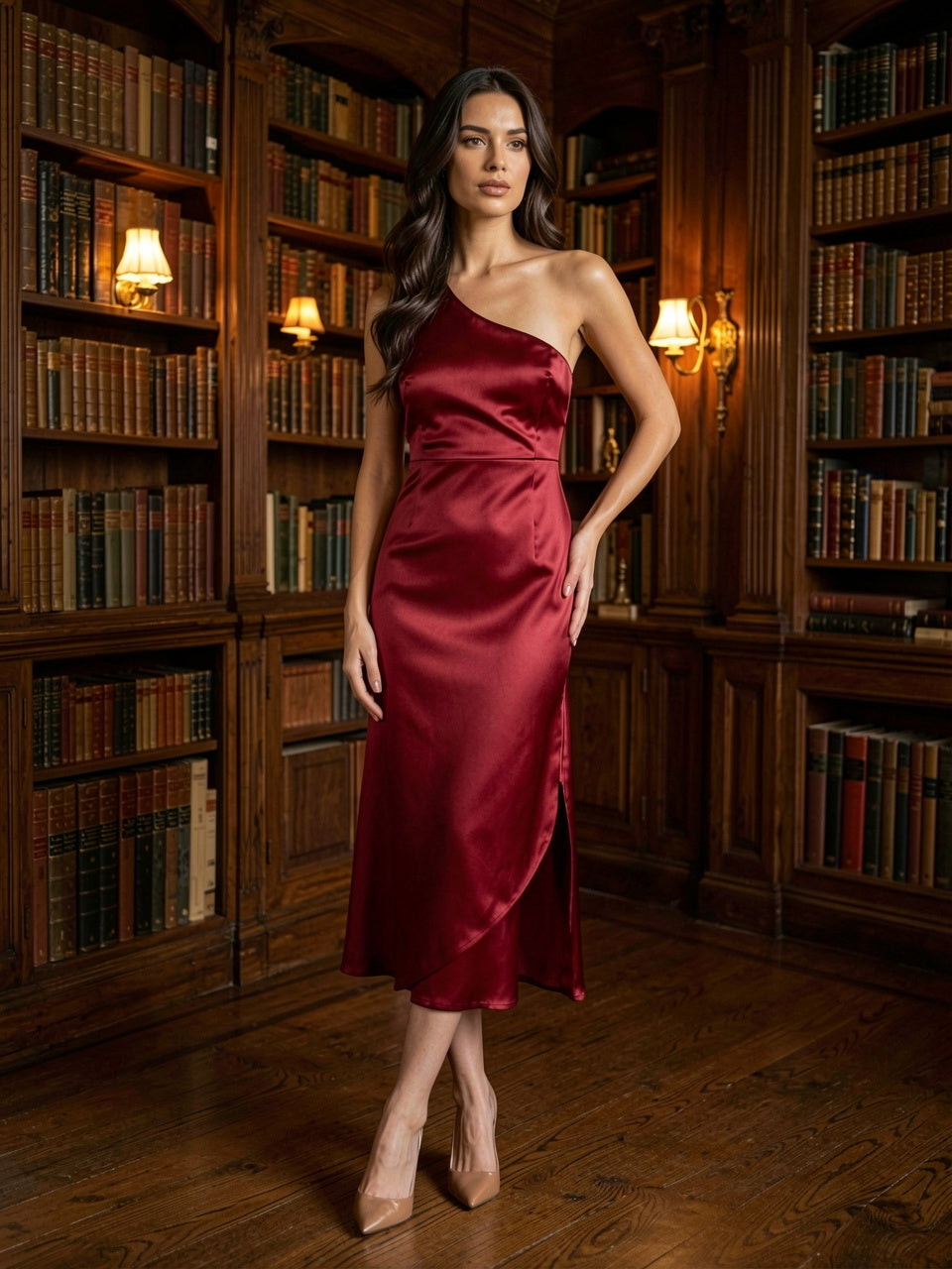 Rouge red satin asymmetrical midi dress in wood-paneled library setting