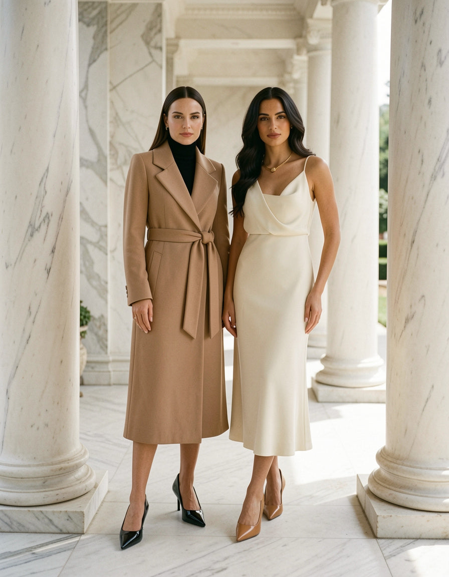 Dos modelos con Point Toe Pumps en negro y caramelo bajo columnata de marmol