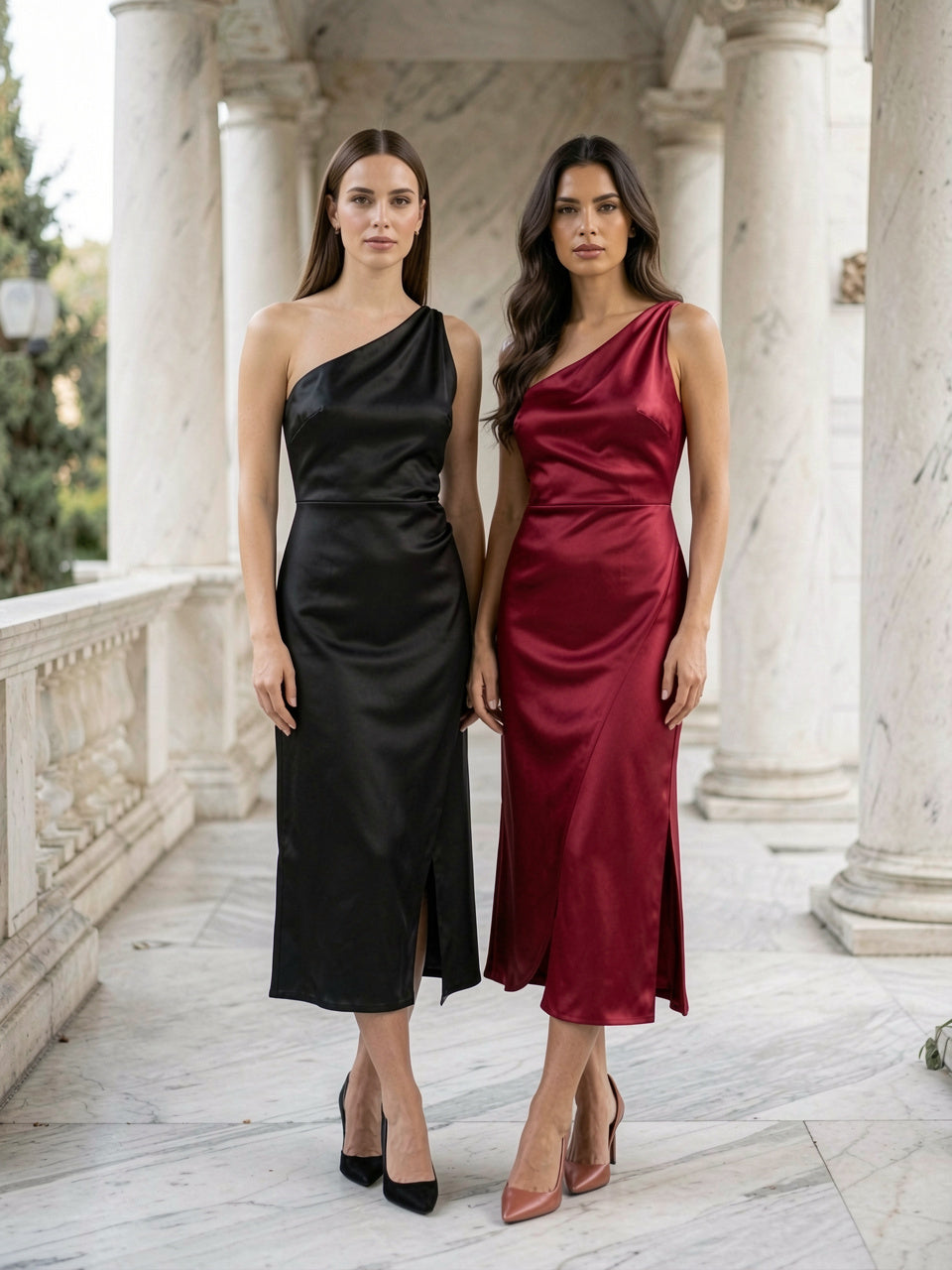 Two models wearing black and rouge satin asymmetrical midi dresses on a marble terrace