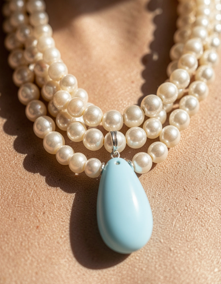 Double Layered Pearl Necklace with Teardrop Pendant