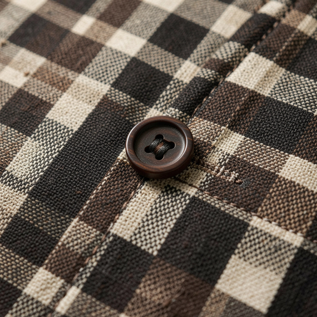 Close-up detail of gingham plaid fabric and button