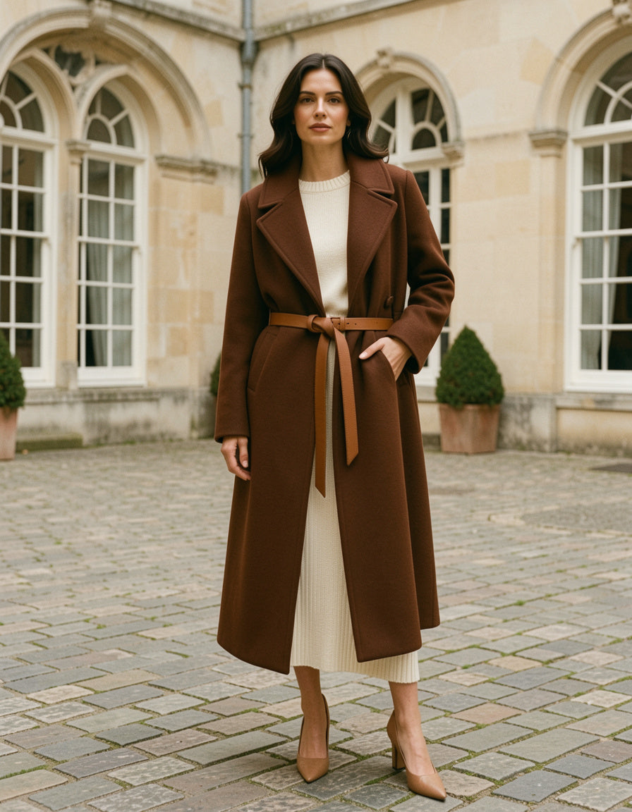 Chocolate brown belted longline coat, front view