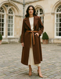 Chocolate brown belted longline coat, front view