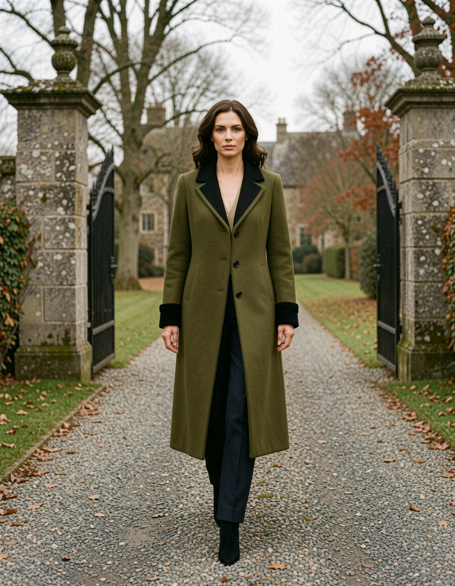 Olive contrast collar coat on a country drive