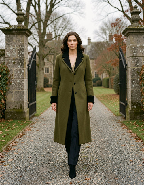 Olive contrast collar coat on a country drive