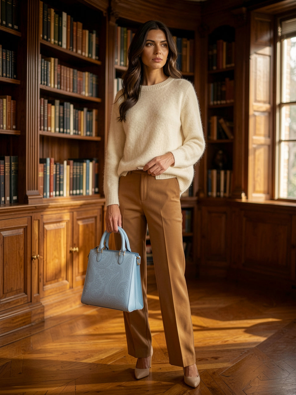 Top-Handle Handbag en azul claro, bolso estructurado con grabado floral paisley, modelo en biblioteca de madera