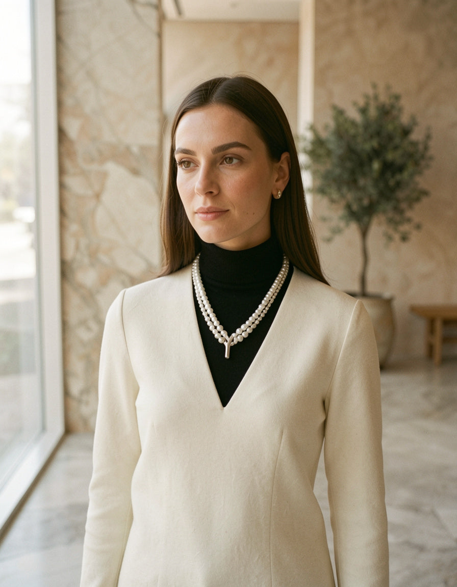Double Layered Pearl Y-Shaped Necklace - editorial three-quarter shot