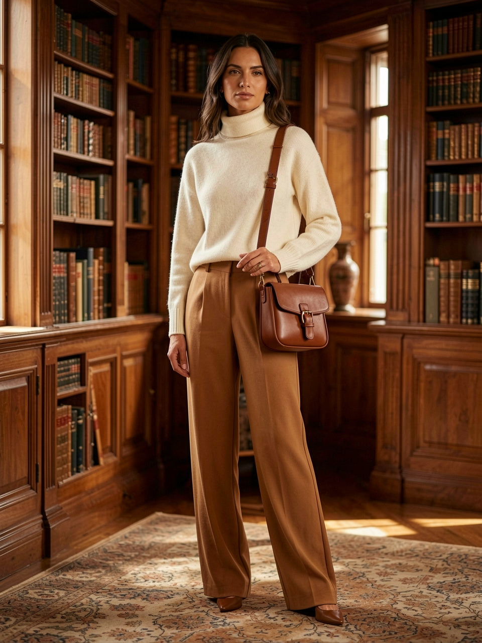 Buckle Shoulder Bag en marrón, modelo en biblioteca de madera