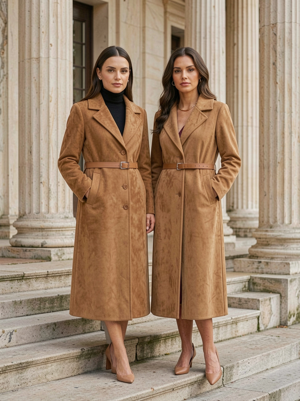 Khaki suede-effect longline coat on two models, steps and columns