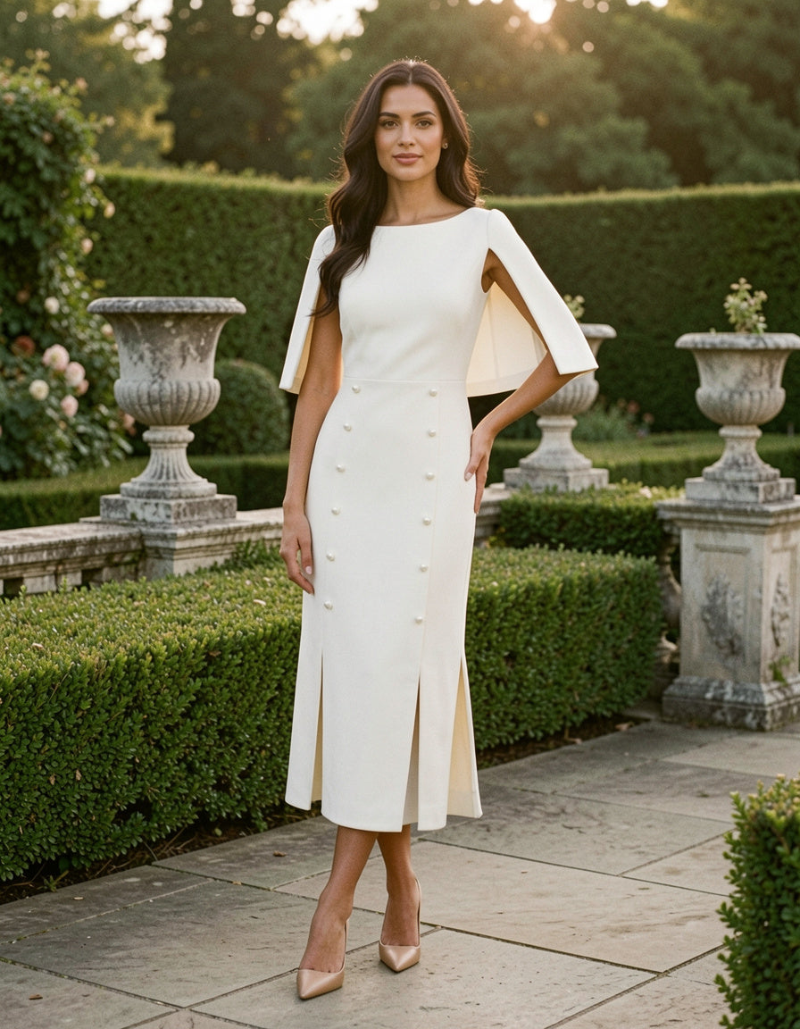 Slit Sleeve Midi Dress with Decorative Button