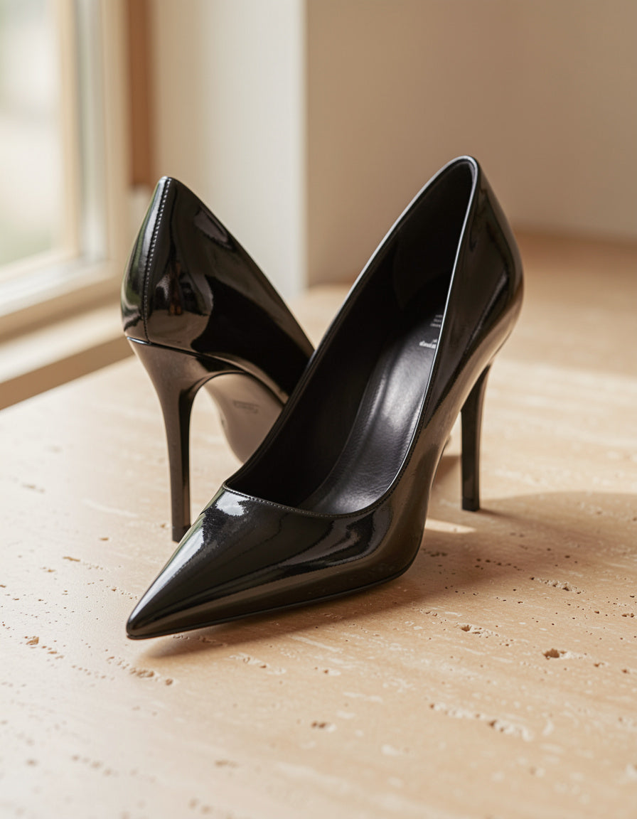 Detalle macro de PU Leather Point Toe Pumps negros