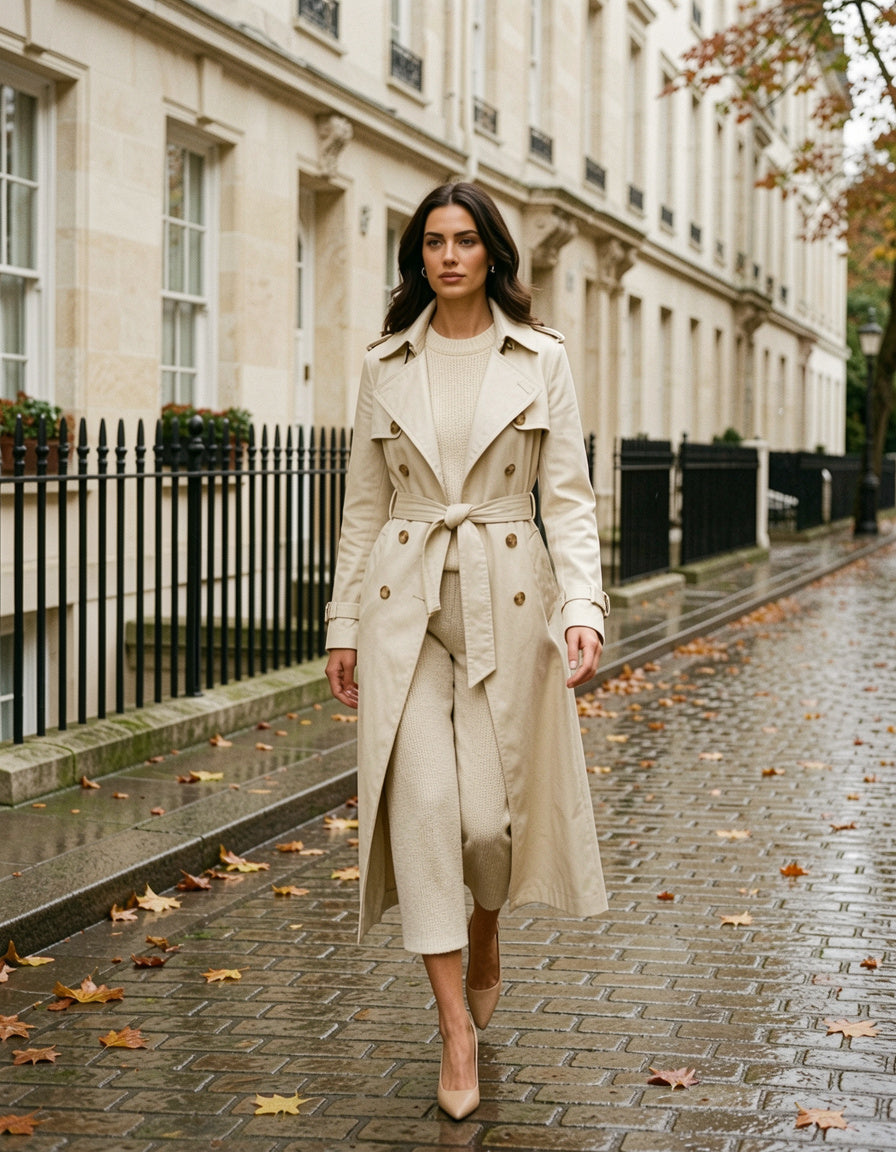 Belted trench coat worn open on a city street