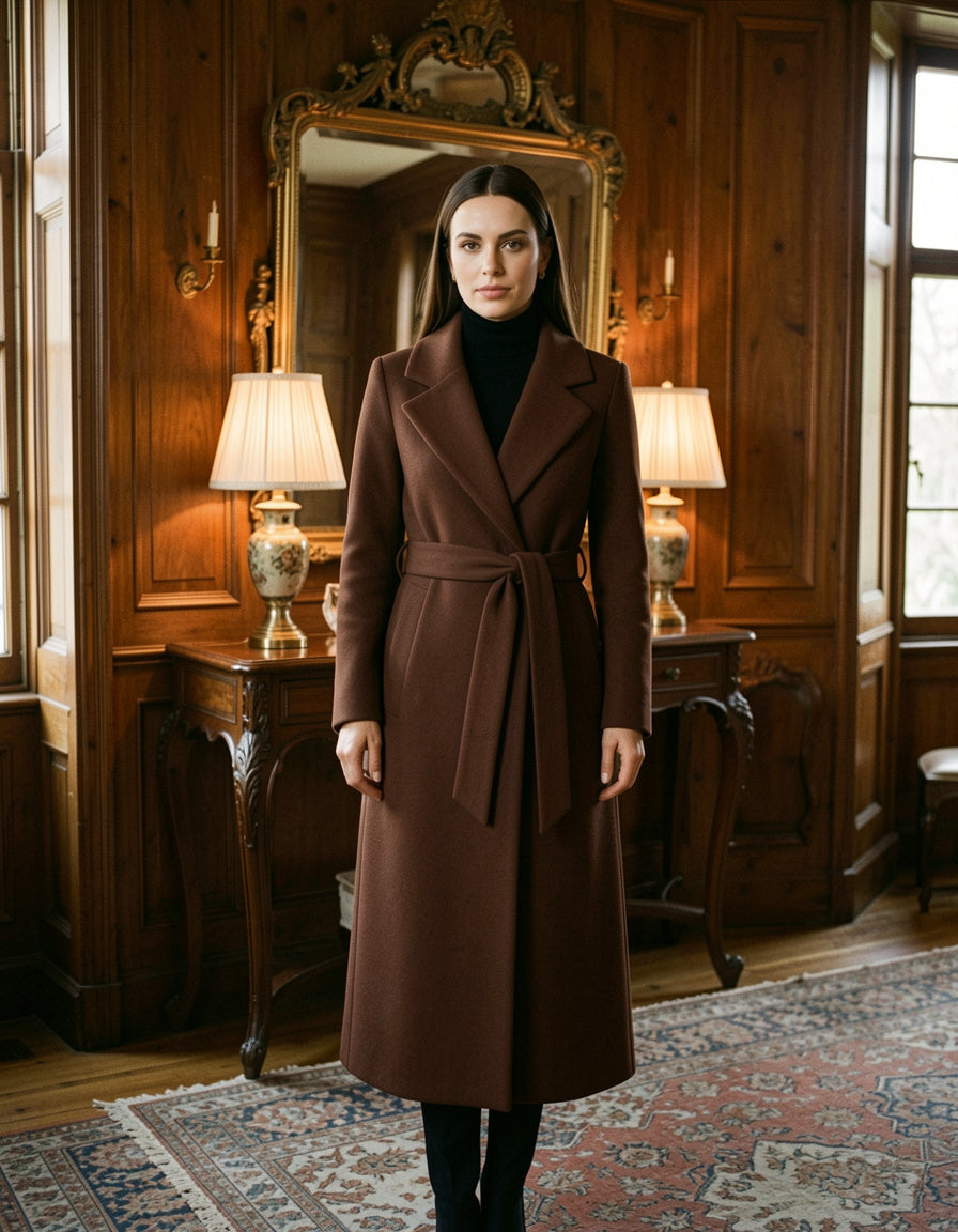 Chocolate brown longline coat in a panelled hall