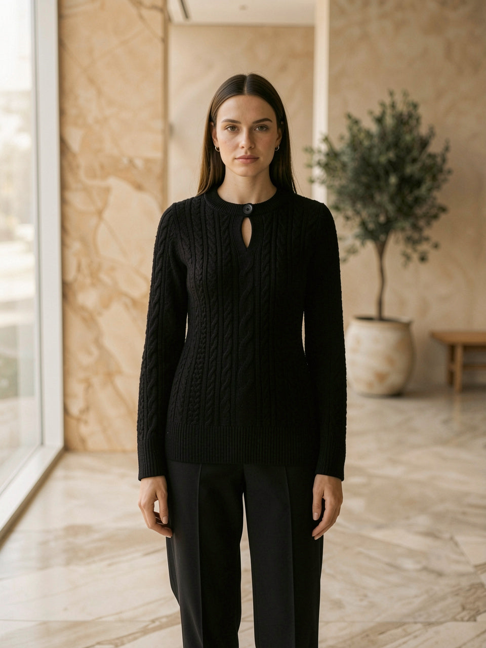Keyhole cable-knit pullover sweater in black, front view