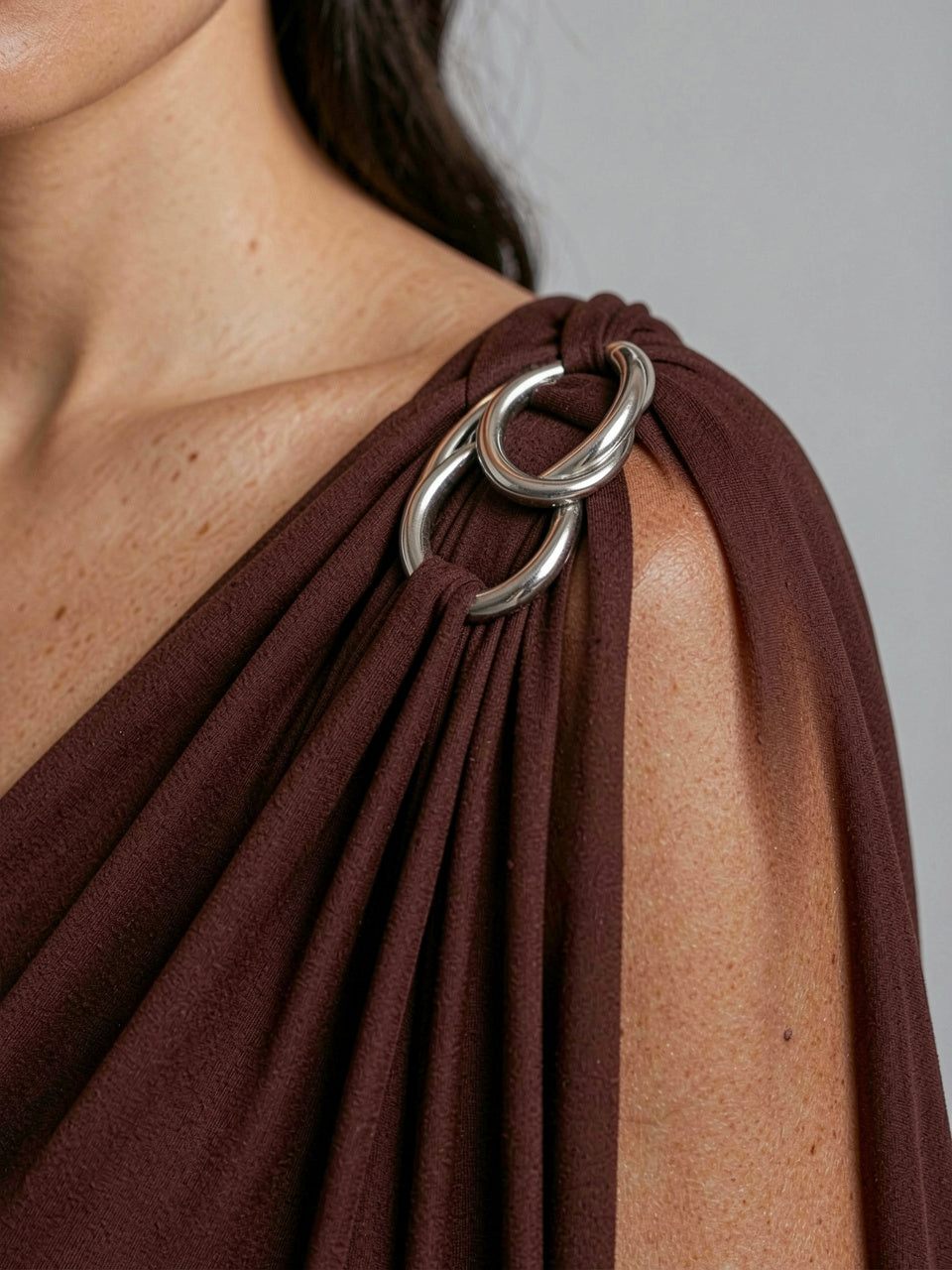 One-Shoulder Draped Maxi Dress, shoulder ring hardware detail