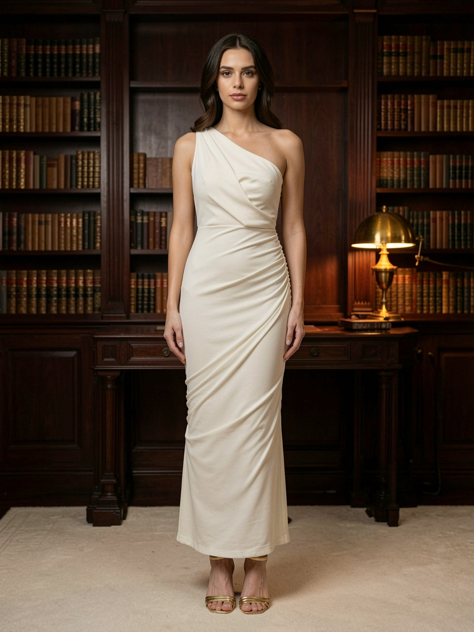 One-Shoulder Ruched Bodycon Maxi Dress in ivory, worn by model, library interior