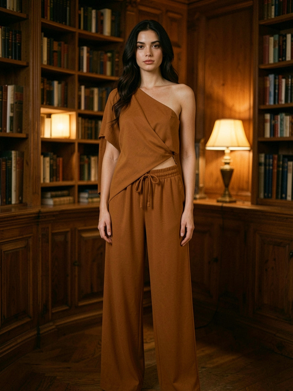 Mujer con top asimétrico de un solo hombro y pantalón ancho color caramelo, conjunto de dos piezas, en biblioteca