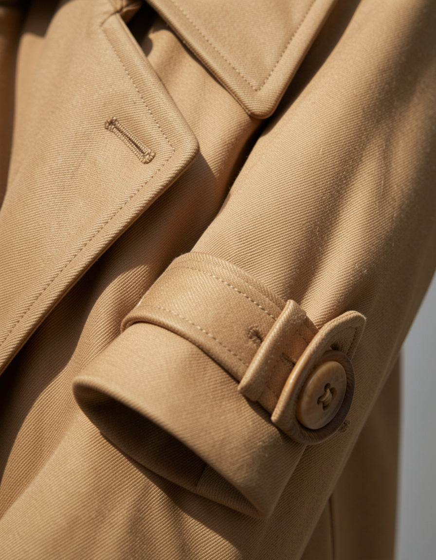 Single-breasted trench coat lapel and cuff detail