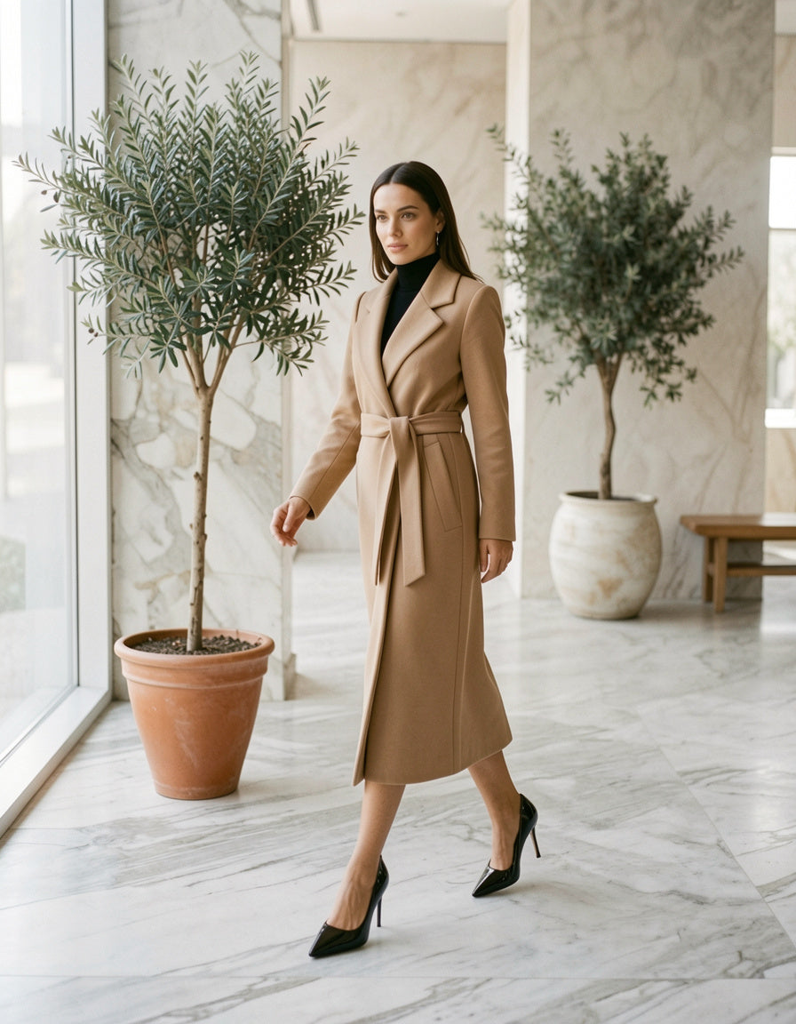 Modelo caminando en atrio de marmol con PU Leather Point Toe Pumps negros