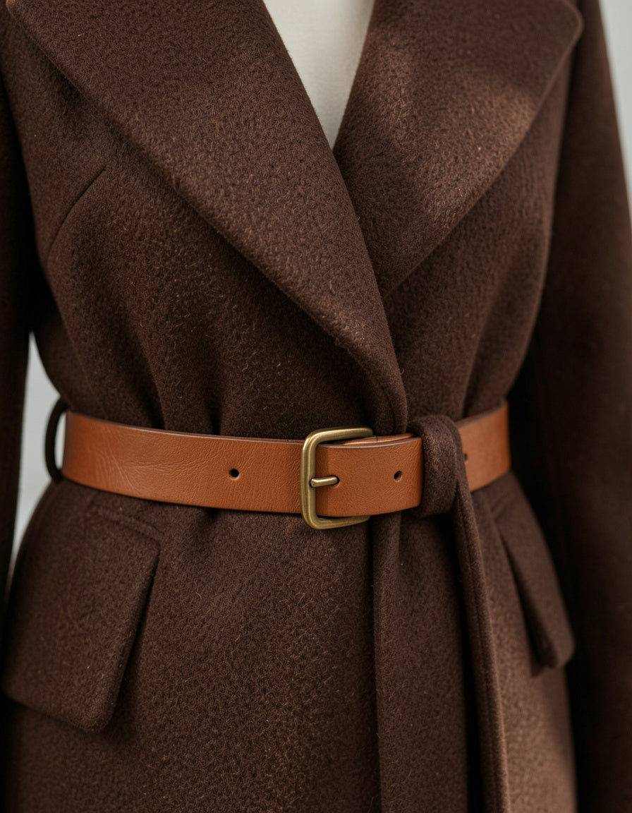 Chocolate brown coat lapel and leather belt detail