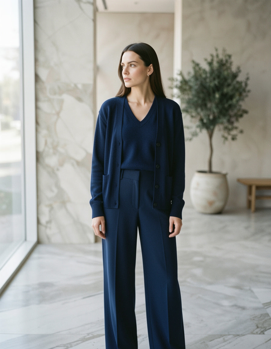 V-Neck Top & Cardigan & Pants Three-Piece Set