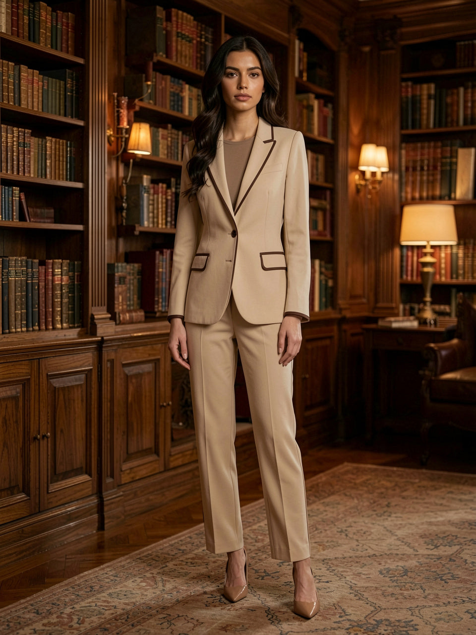 Model wearing beige contrast trim button-up blazer in a wood-paneled library
