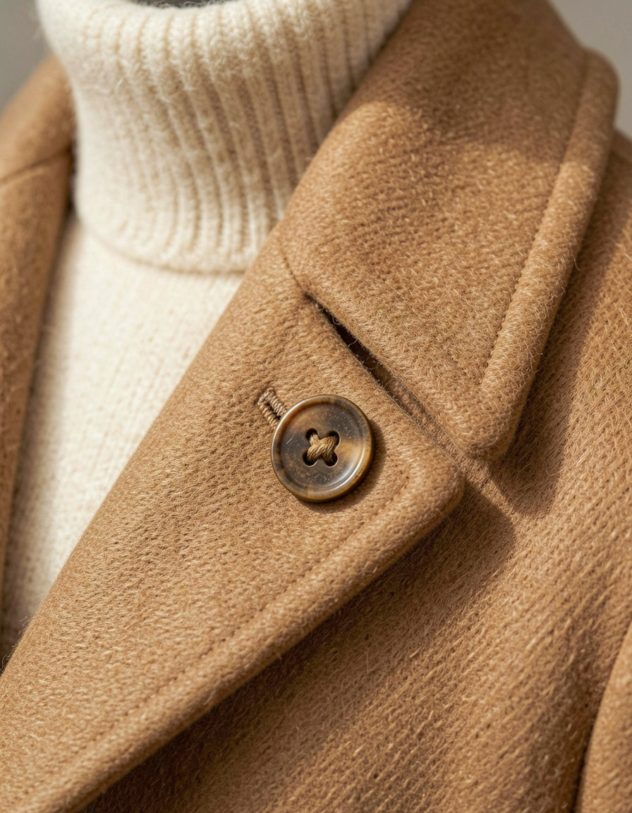 Camel wool overcoat lapel and horn button detail