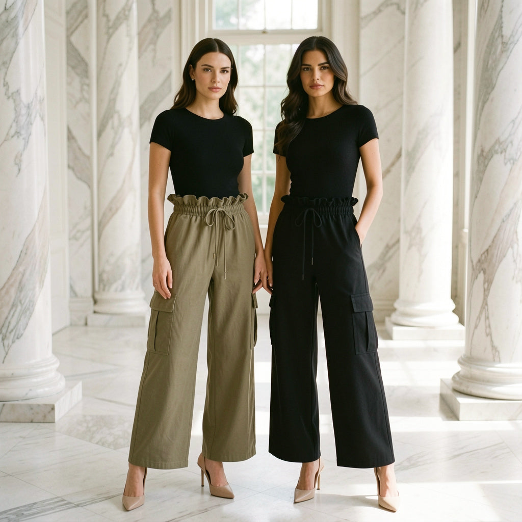Two models wearing khaki and black drawstring frilled waist wide leg utility trousers as full outfits