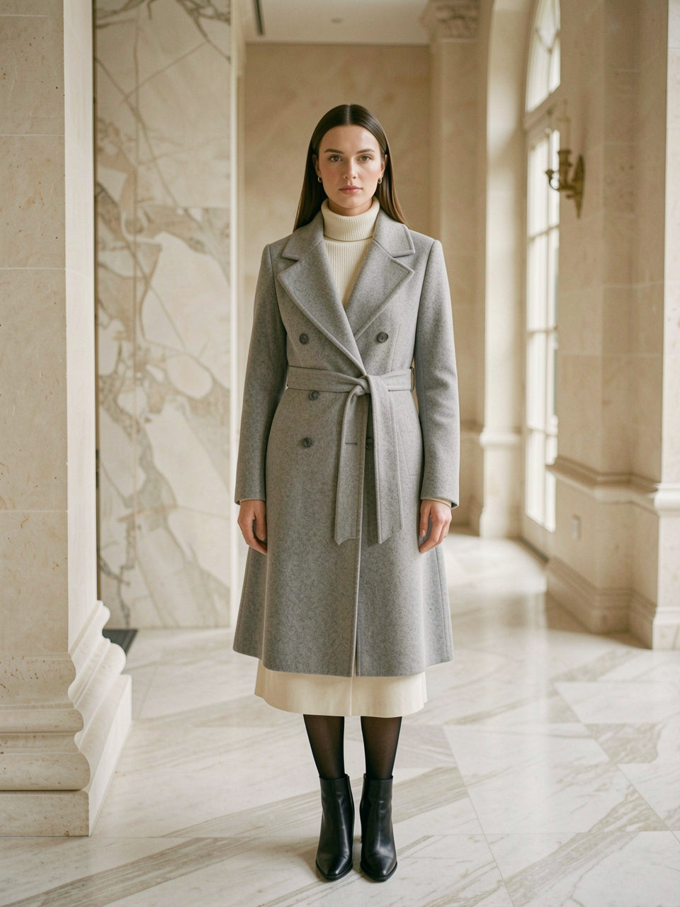 Grey double-breasted wool coat with ivory skirt, front view
