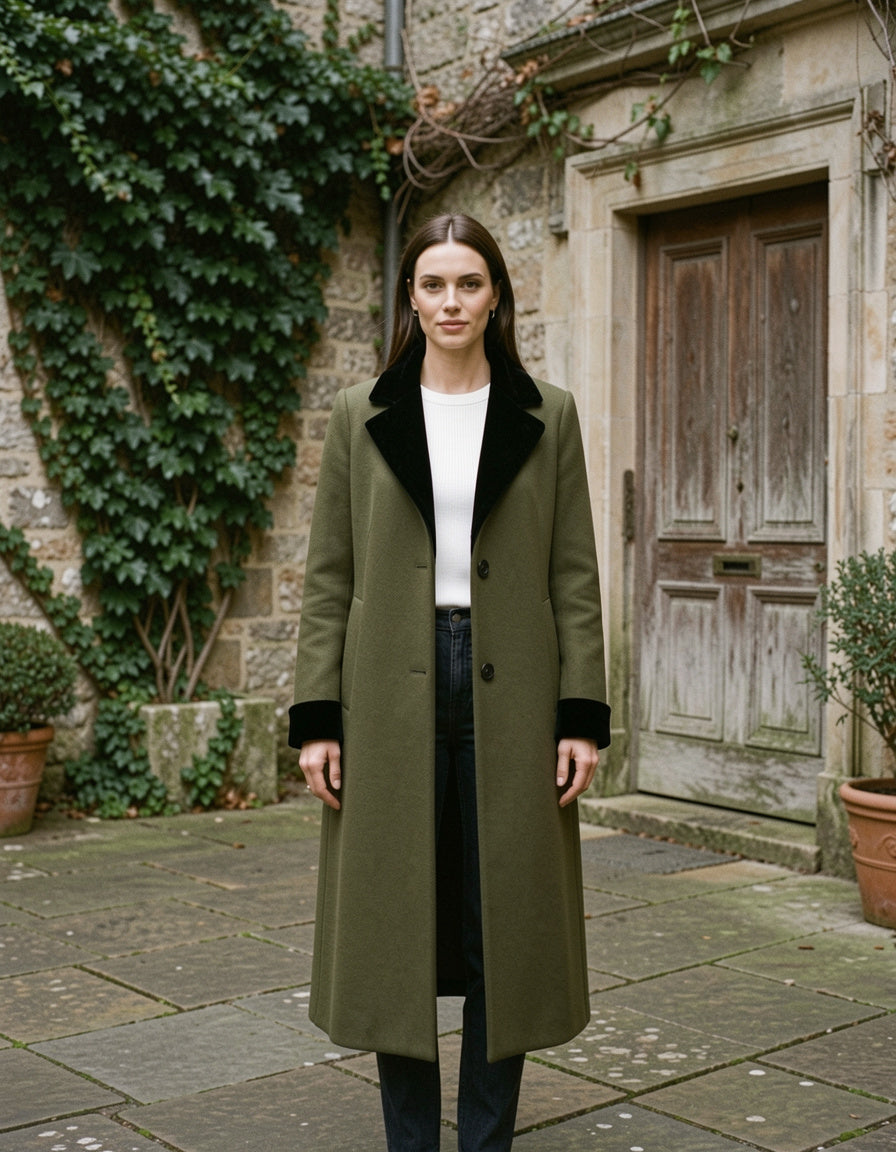 Olive coat with black contrast collar, front view