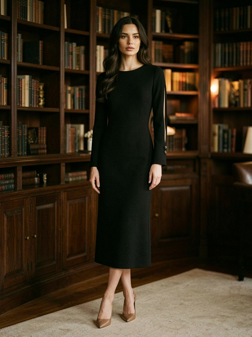Slit Sleeve Midi Dress with Decorative Button in black, worn by model, library interior