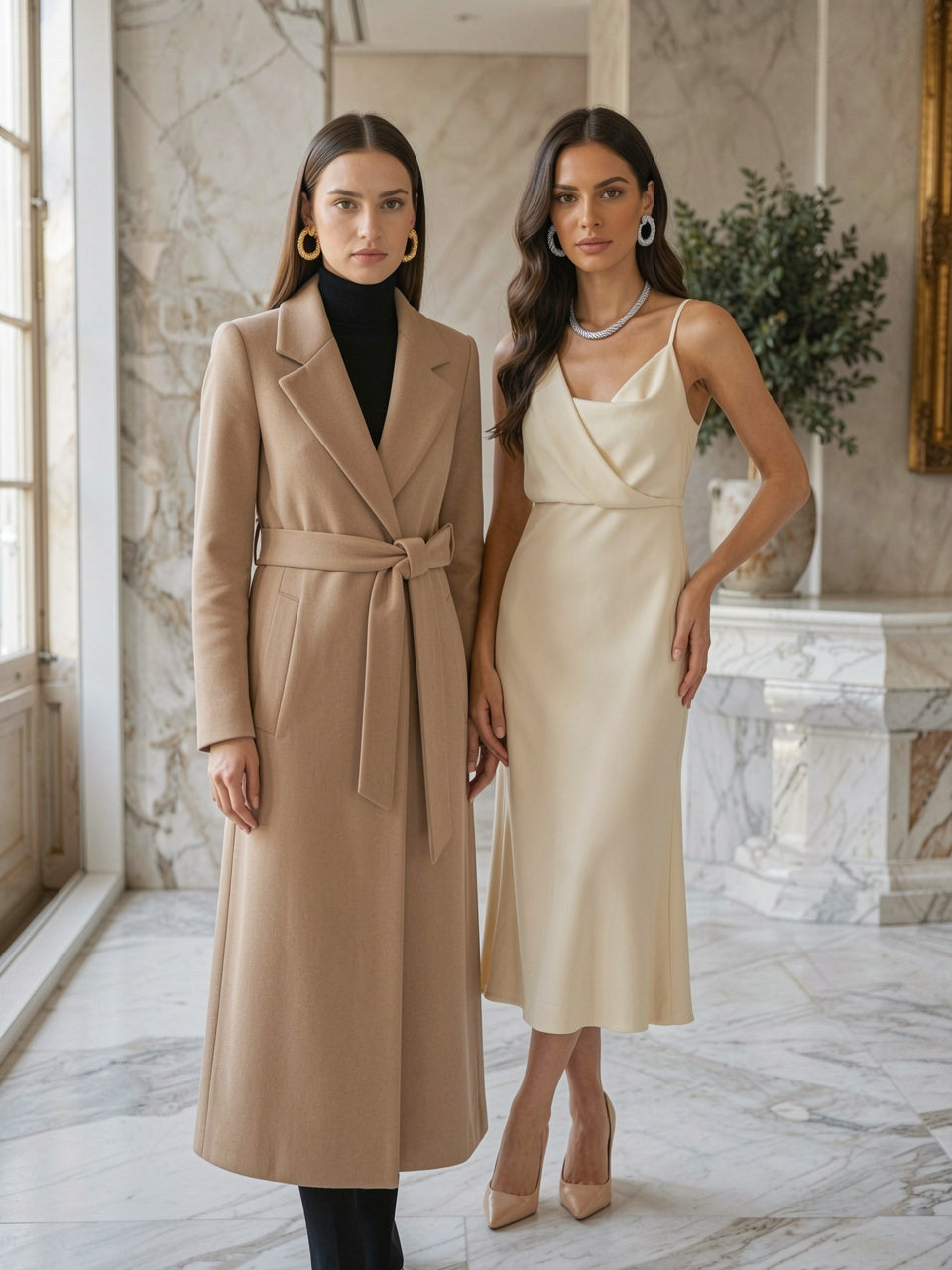 Two models wearing textured hoop earrings in gold and silver colorways