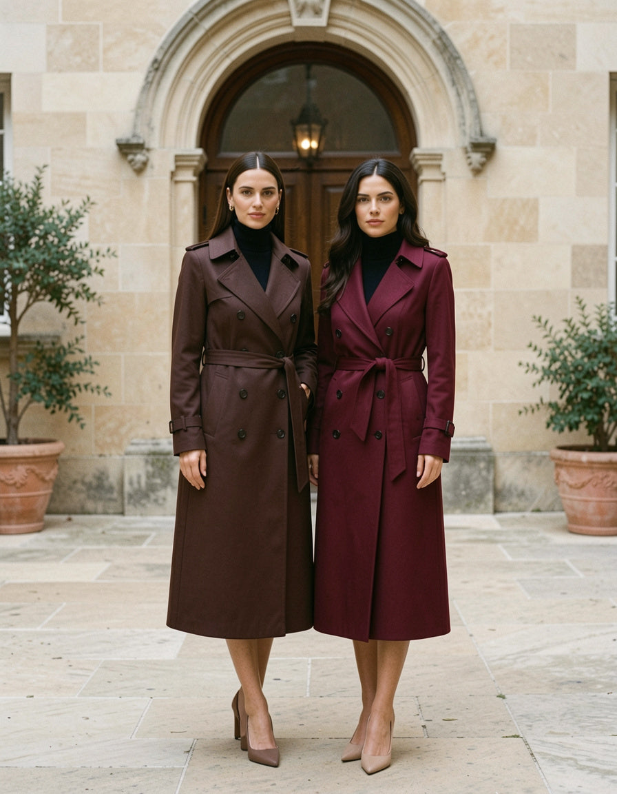Single-breasted trench coat shown in brown and burgundy