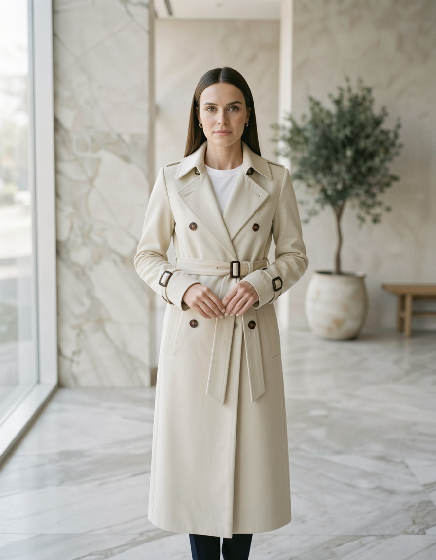 Belted trench coat, front view