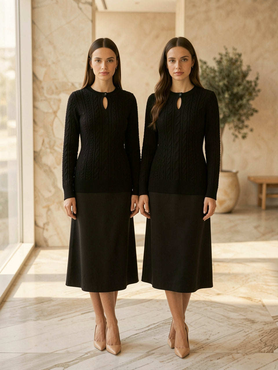 Two models wearing the keyhole cable-knit pullover sweater in black