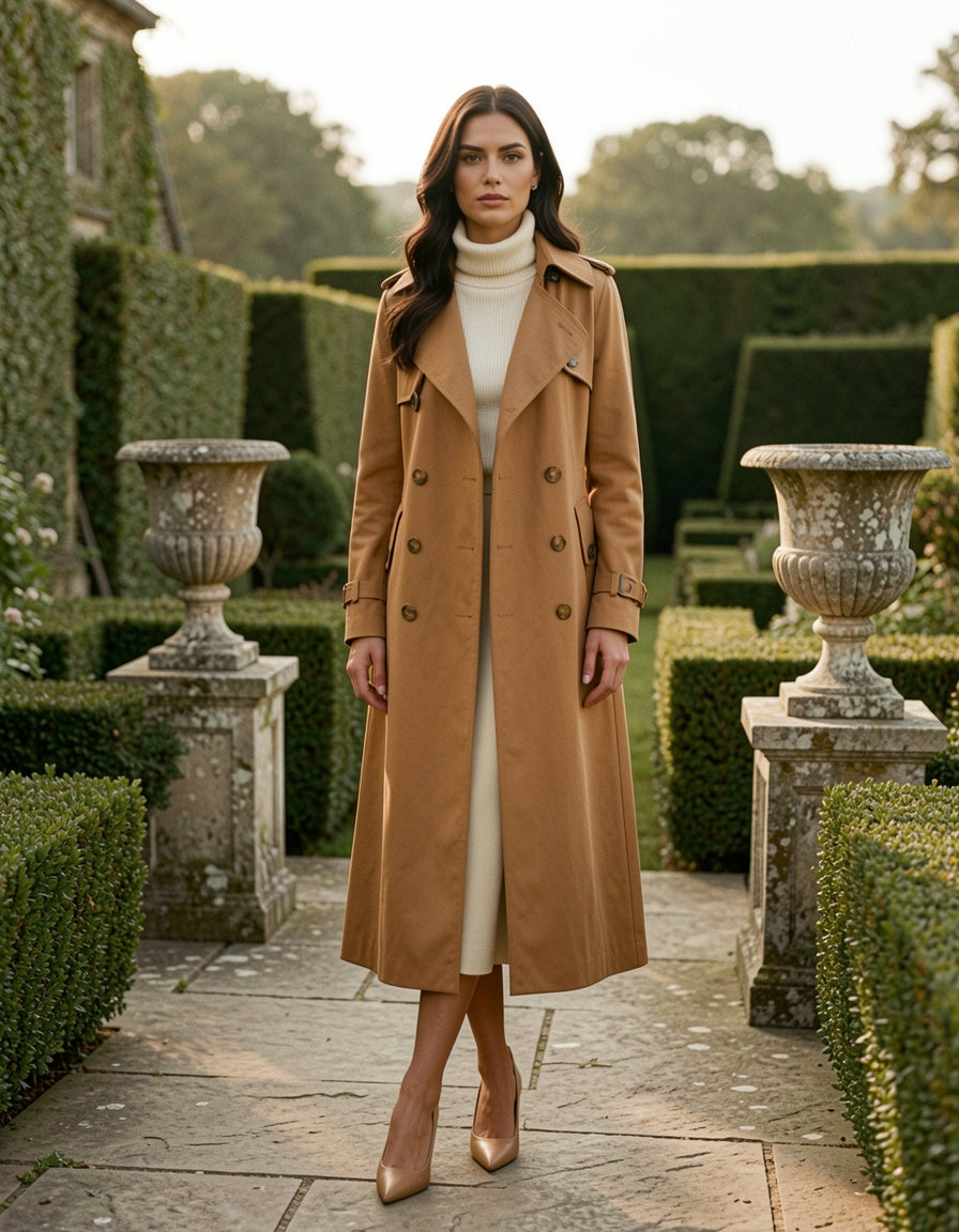 Single-breasted trench coat on a garden terrace