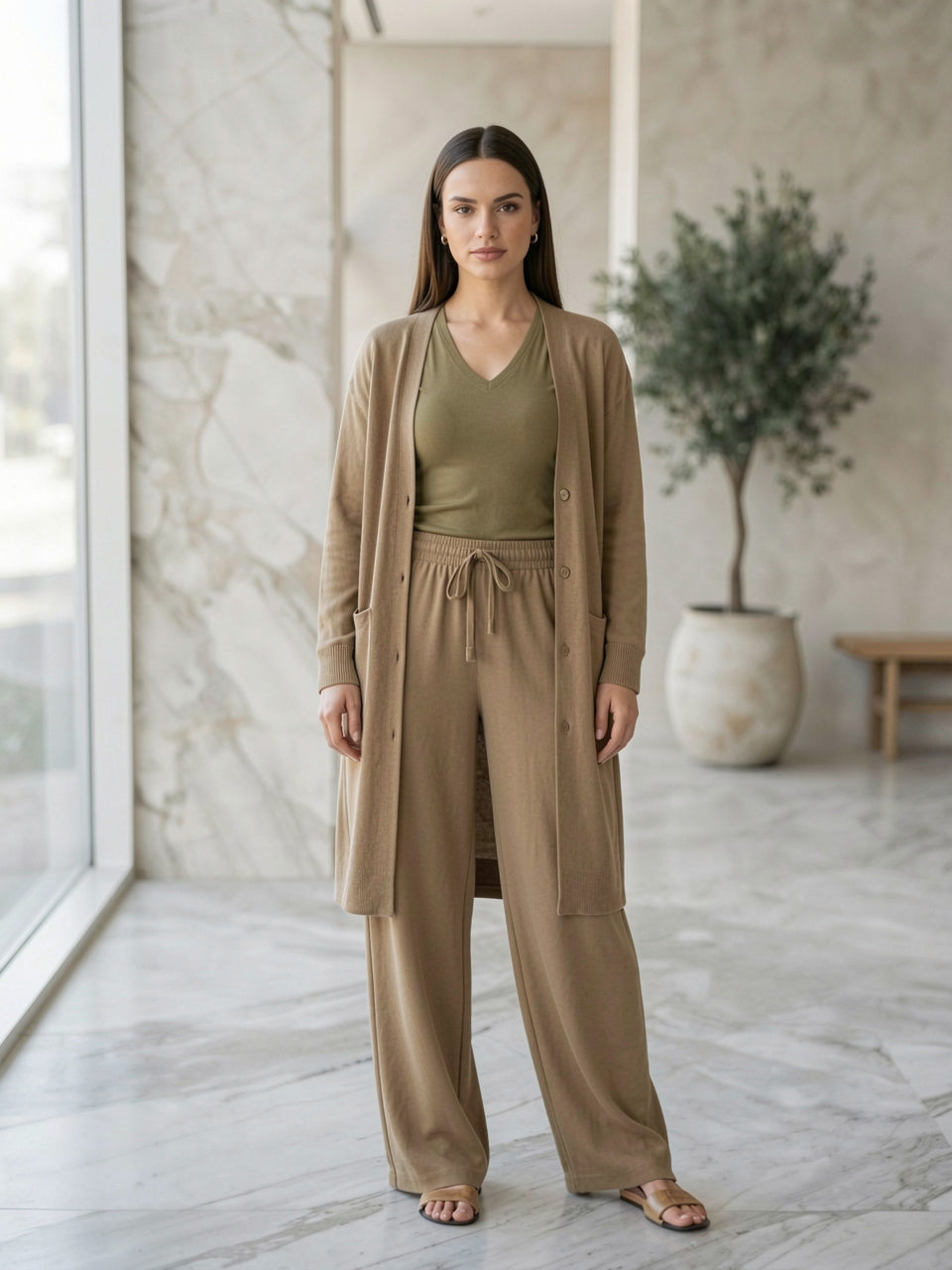 V-Neck Top, Cardigan and Pants Three-Piece Set in khaki, worn by model, marble interior