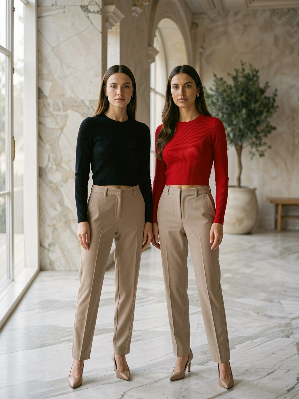 Two models wearing the ribbed round neck sweater in black and red colorways