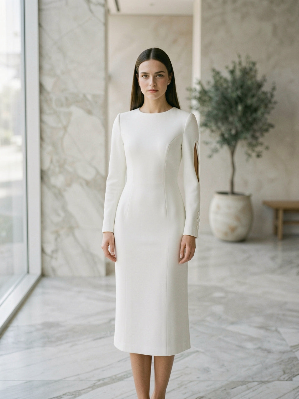 Slit Sleeve Midi Dress with Decorative Button in white, worn by model, old-money marble interior