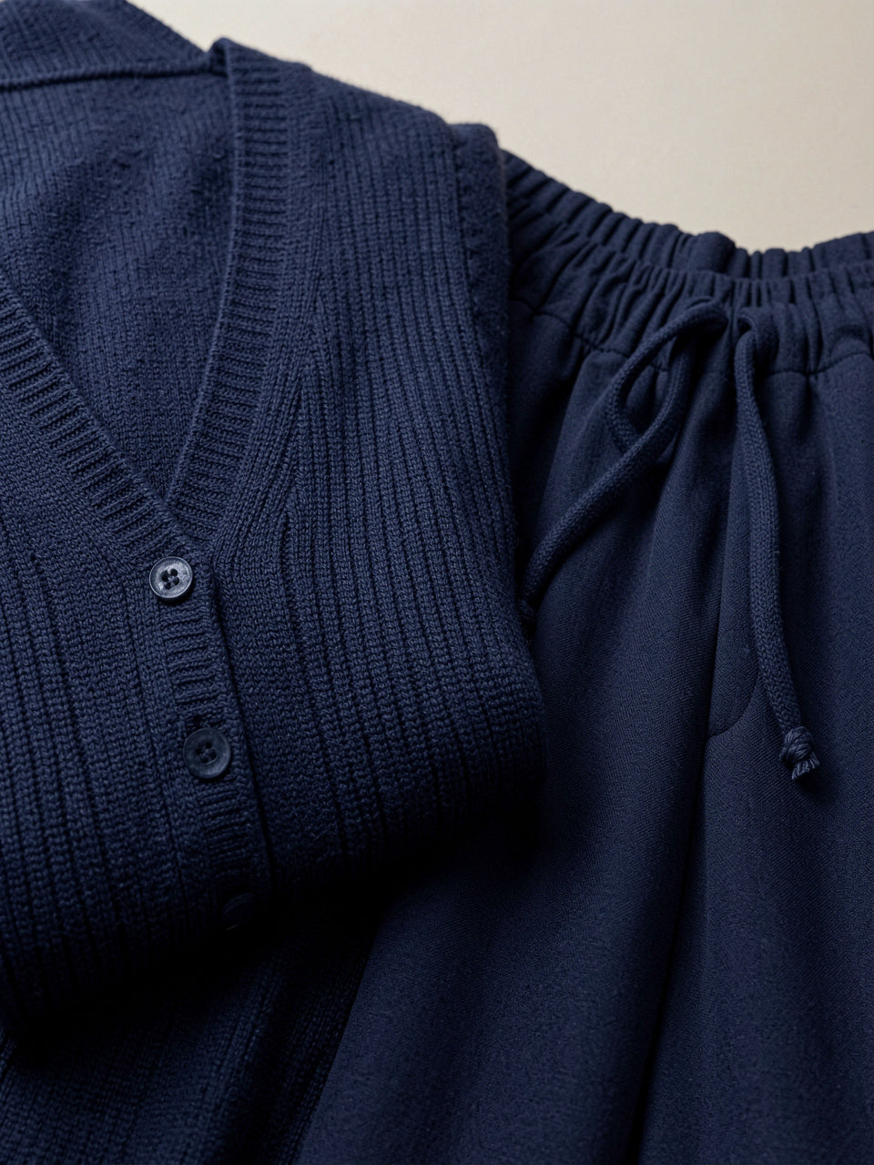 Close-up detail of cardigan and drawstring waist pants fabric