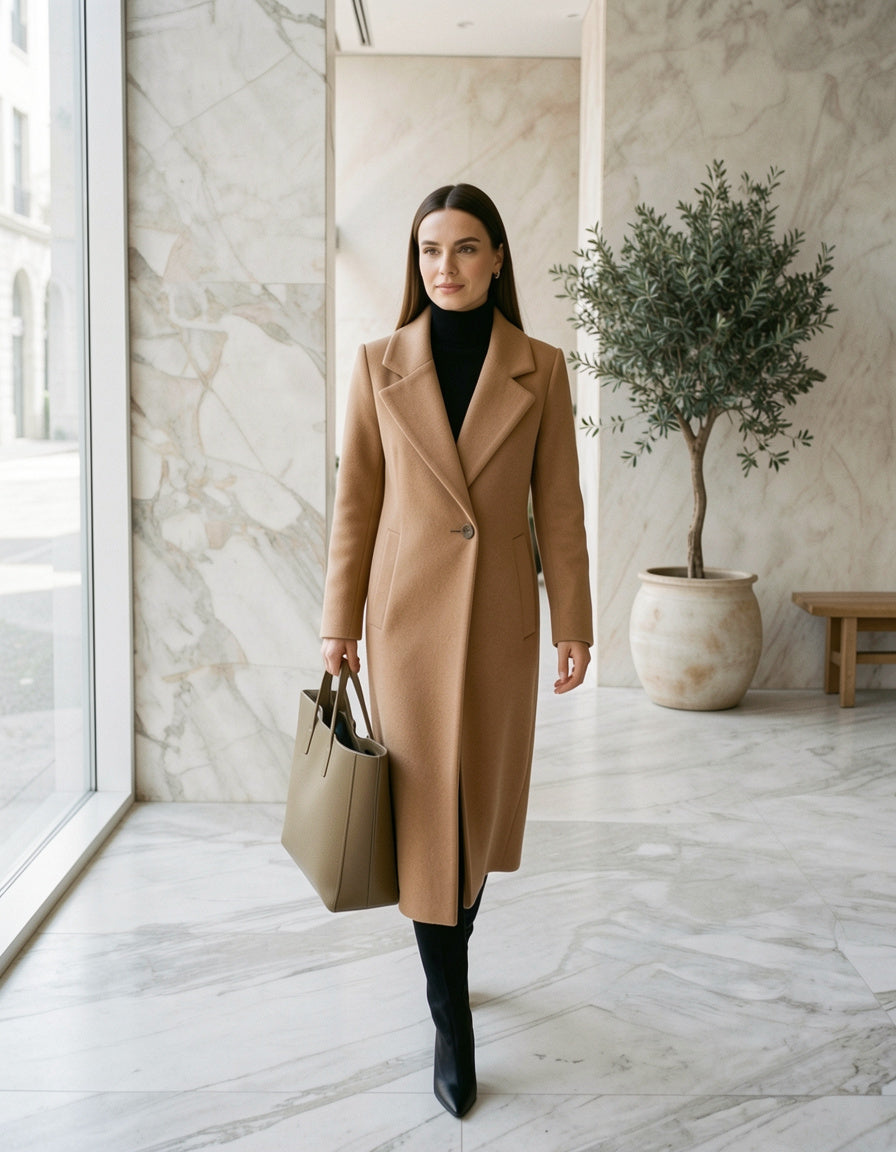 Modelo caminando en atrio de marmol con PU Leather Tote Bag khaki