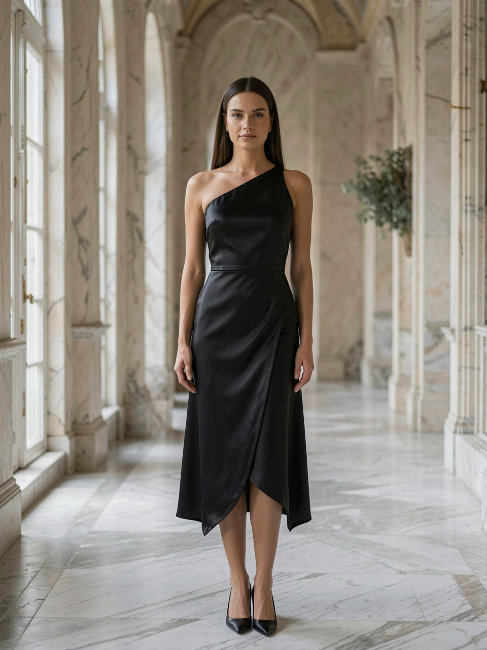Black satin asymmetrical midi dress worn by model in marble old-money hallway