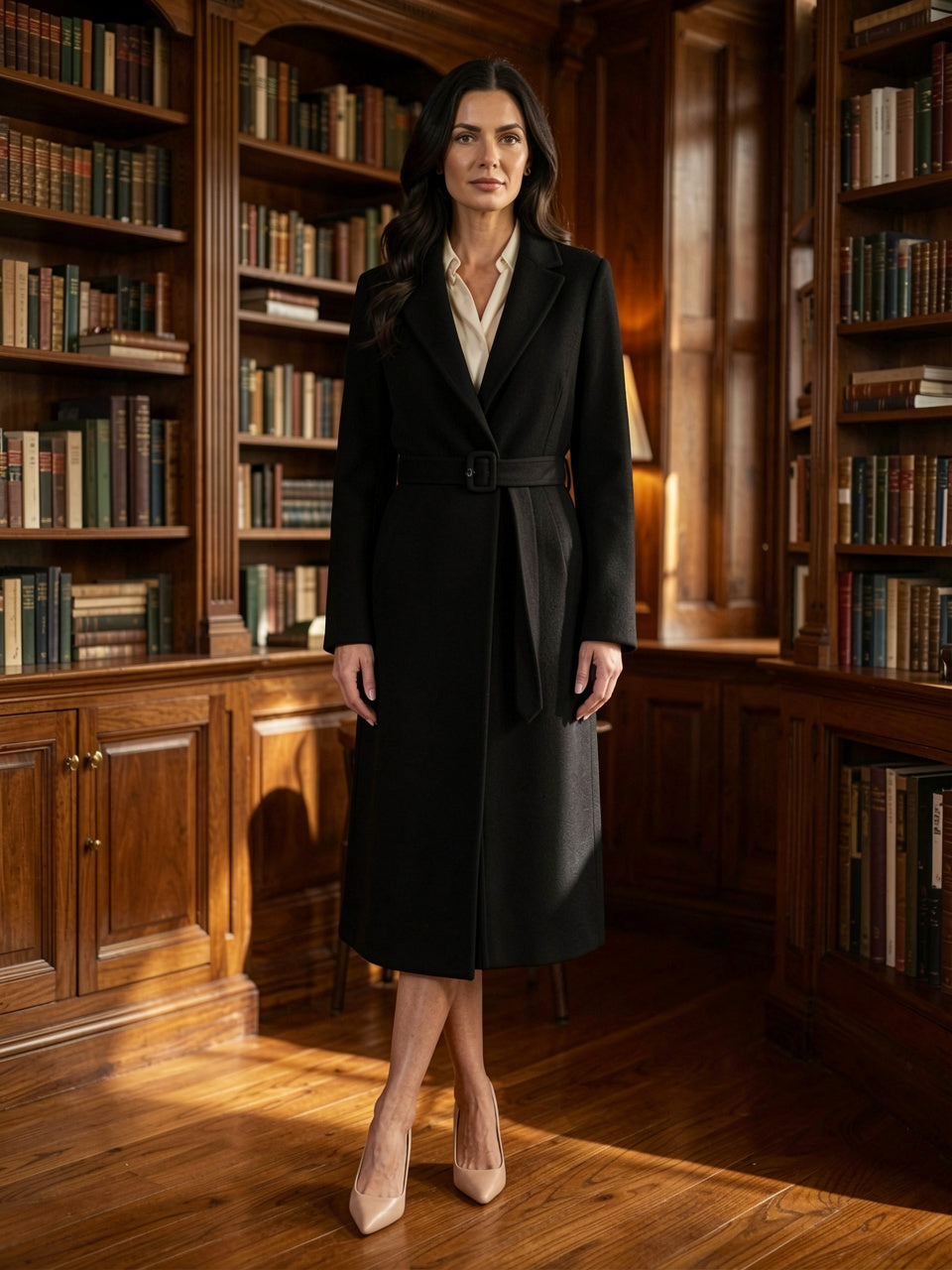 One Button Wool Blend Overcoat en negro, modelo en biblioteca de madera