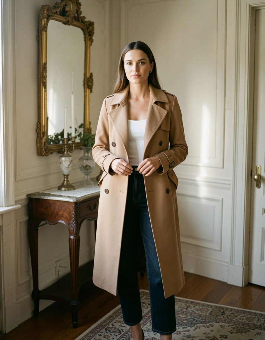 Single-breasted trench coat, front view